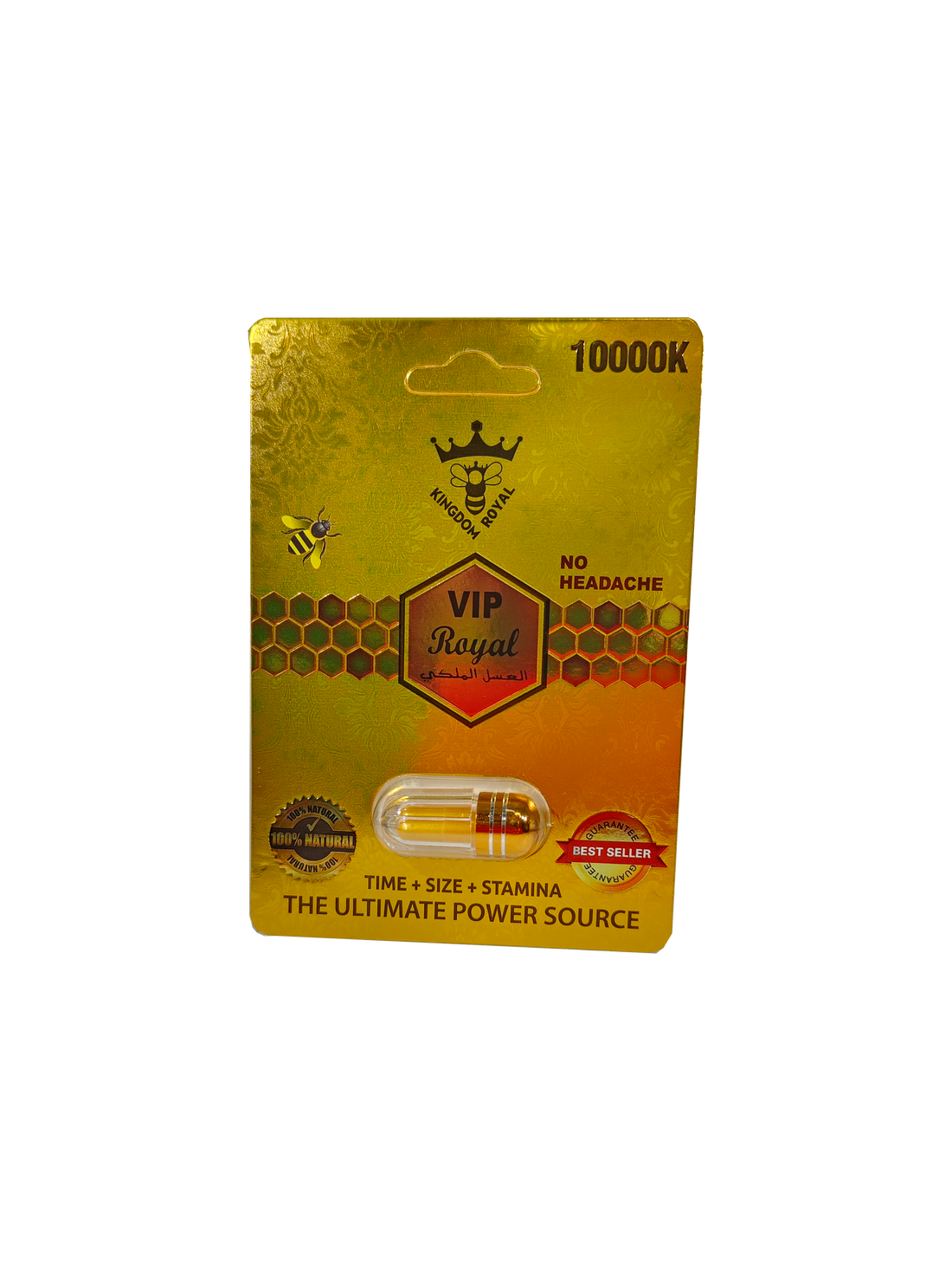 Single capsule packet of Kingdom Royal VIP Royal 10000K, a male stamina enhancement supplement in pill form.