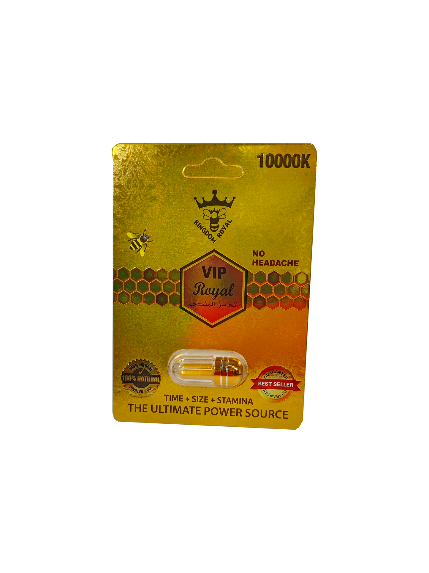 Single capsule packet of Kingdom Royal VIP Royal 10000K, a male stamina enhancement supplement in pill form.