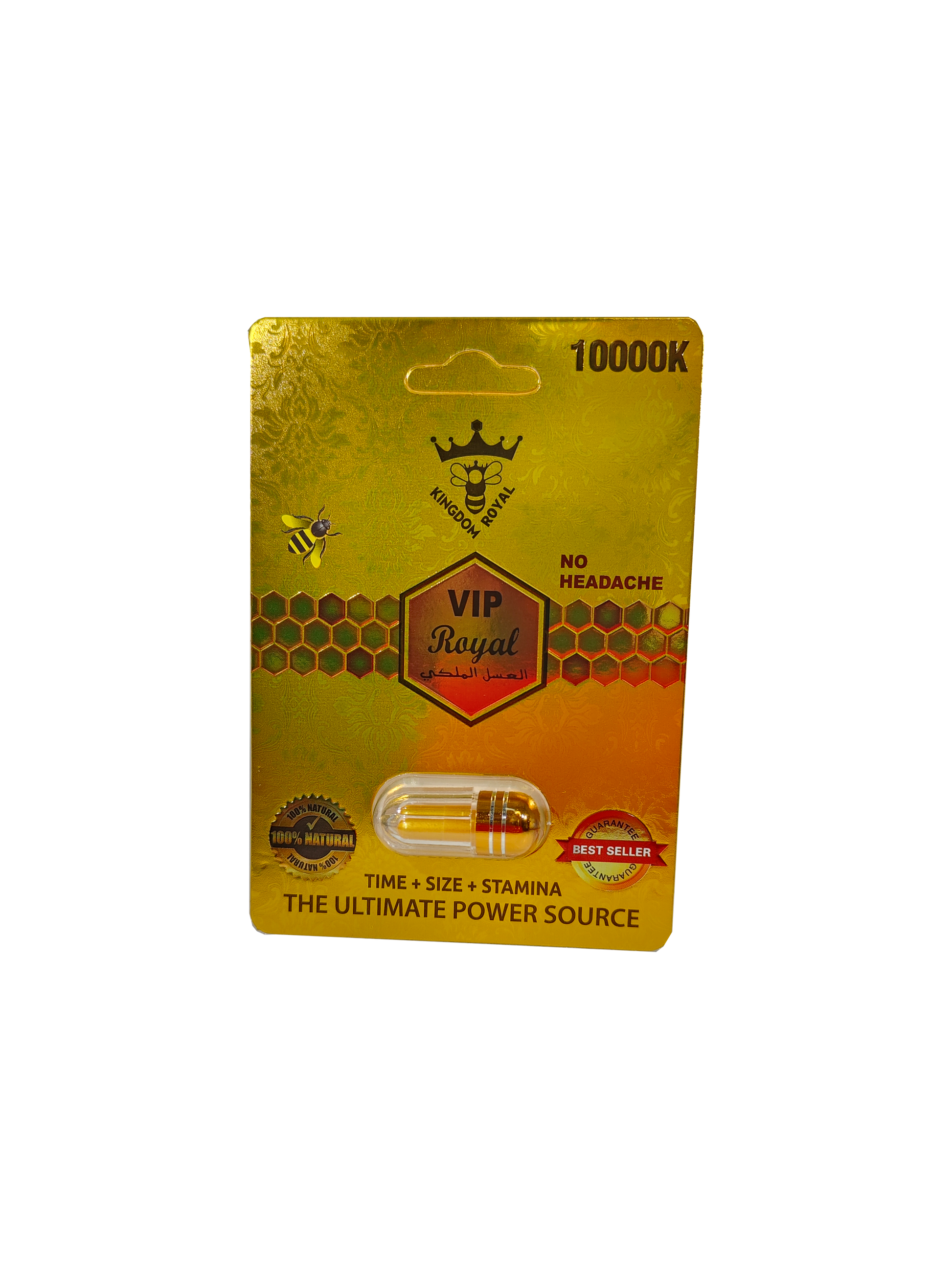 Single capsule packet of Kingdom Royal VIP Royal 10000K, a male stamina enhancement supplement in pill form.