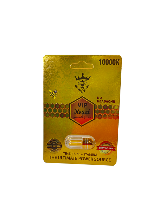 Single capsule packet of Kingdom Royal VIP Royal 10000K, a male stamina enhancement supplement in pill form.
