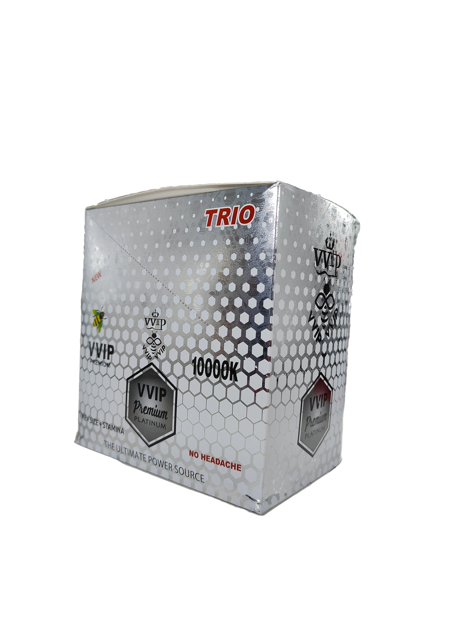 Front View of VVIP Premium Platinum 1000K Trio, a male enhancement supplement in pill form. 