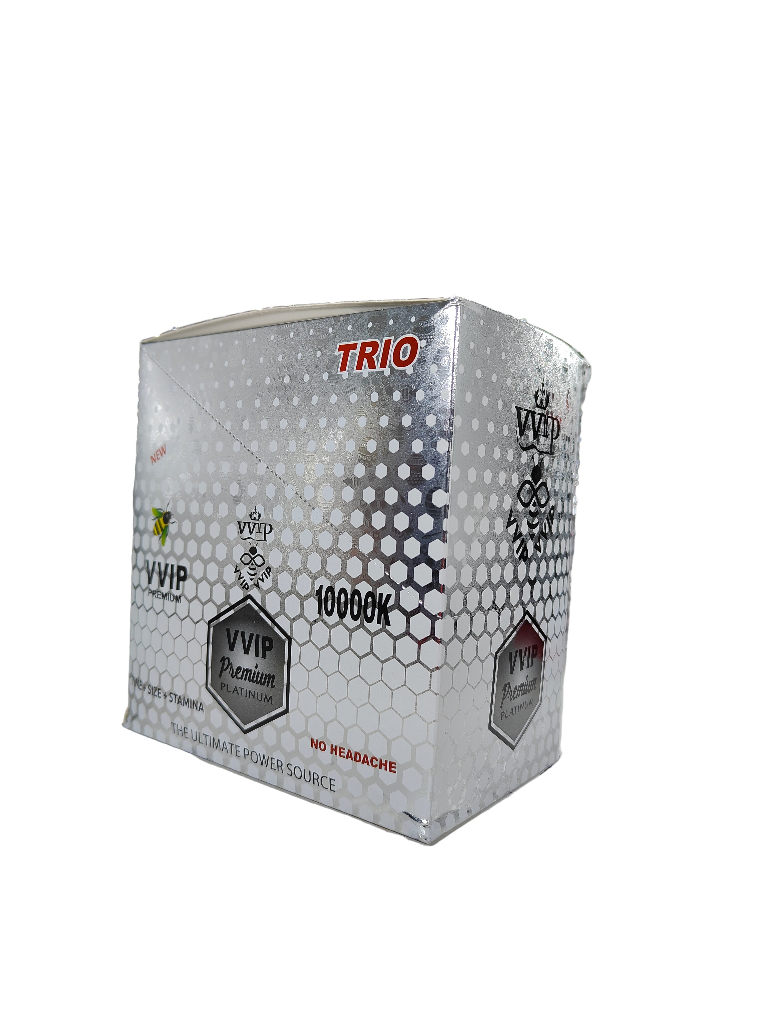 Front View of VVIP Premium Platinum 1000K Trio, a male enhancement supplement in pill form. 