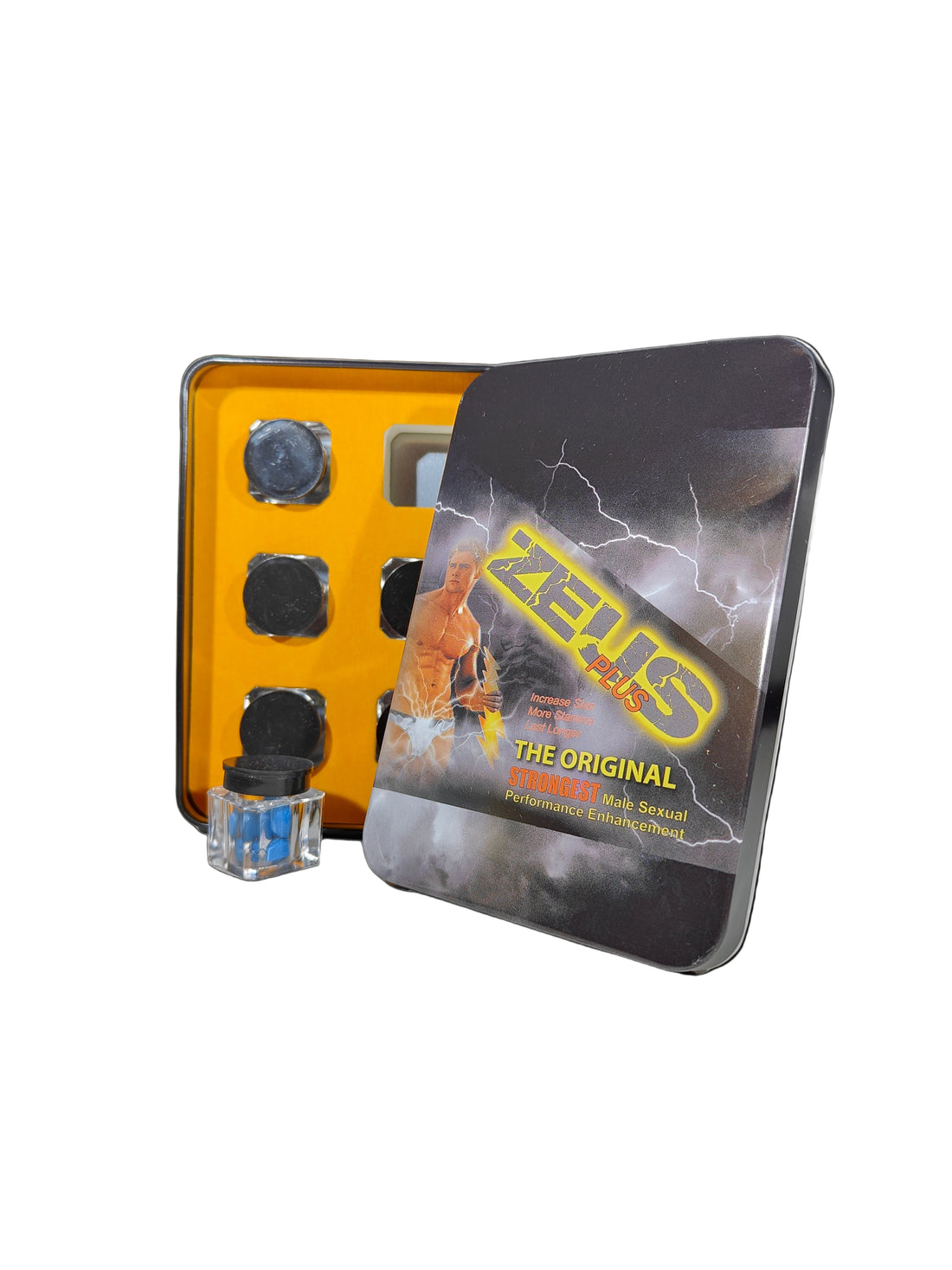 Front view of Zeus Plus Pills, a tin male enhancement supplements.
